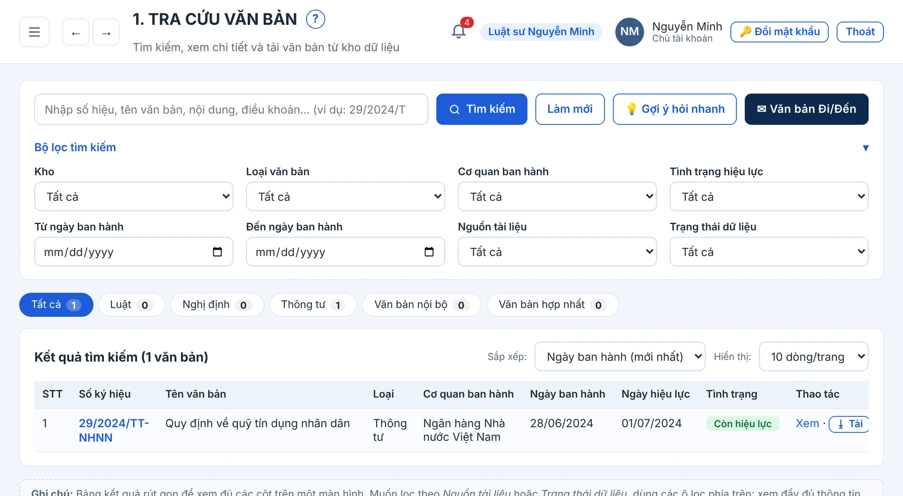 Màn hình Tra cứu văn bản